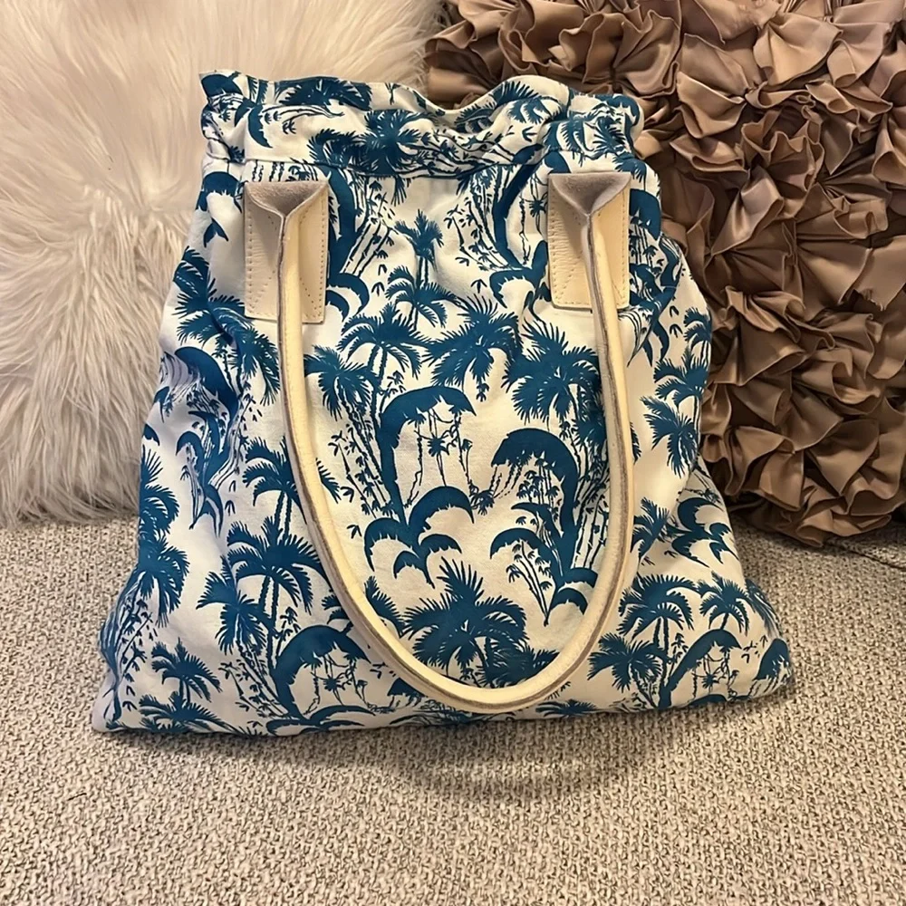 Tropical Blue White Canvas Hawaiian Print Leather Handles Drawstring Large Tote